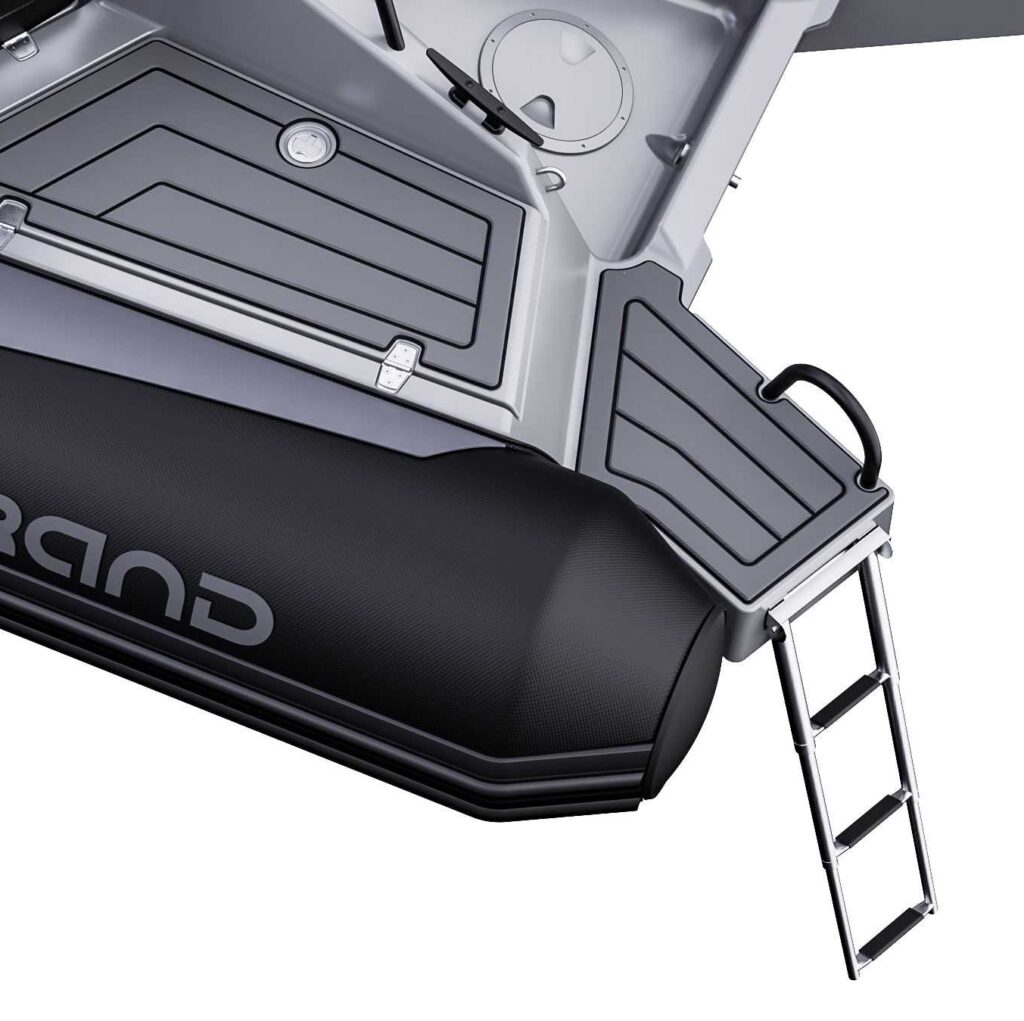 A close up of the Grand D600 stern step ends a swim ladder