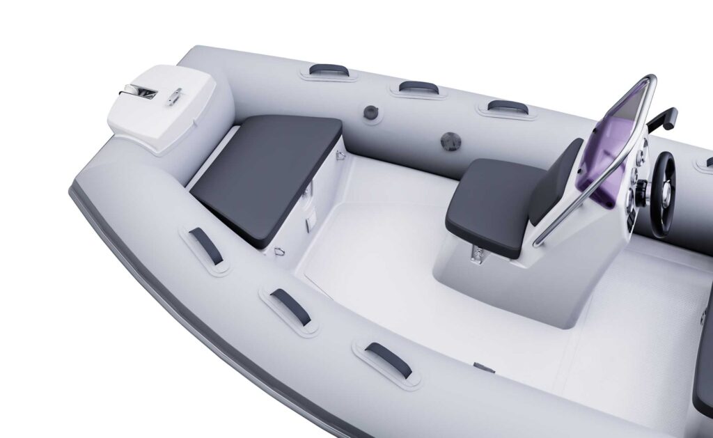 A render visual of the Grand S420 yacht tender with its offset console, seat in front of the console, and additional seating at the bow of the boat