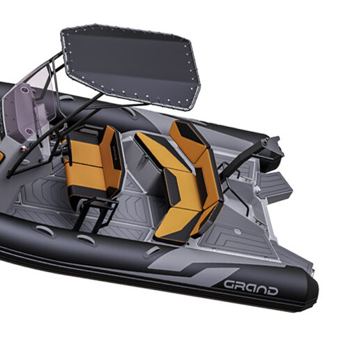 Render visual of the Grand D600 with a hard top bimini cover and a ski arch at the stern