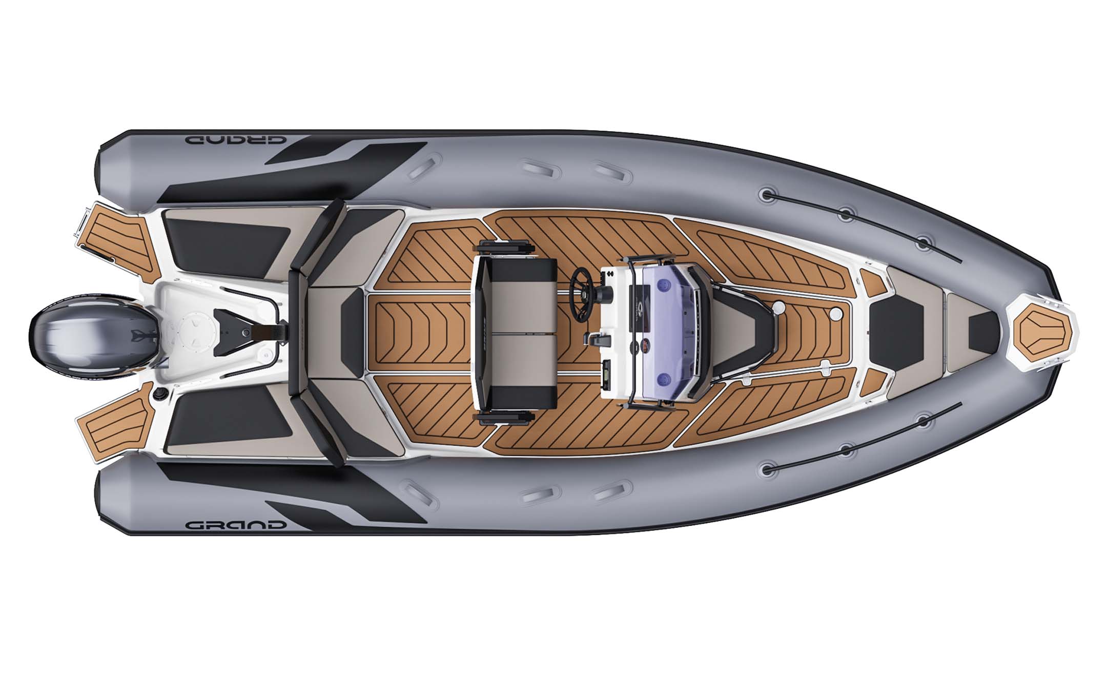 A render visual of the Grand D600 from above, showing the internal layout of the boat with grey tubes and tan brown flooring