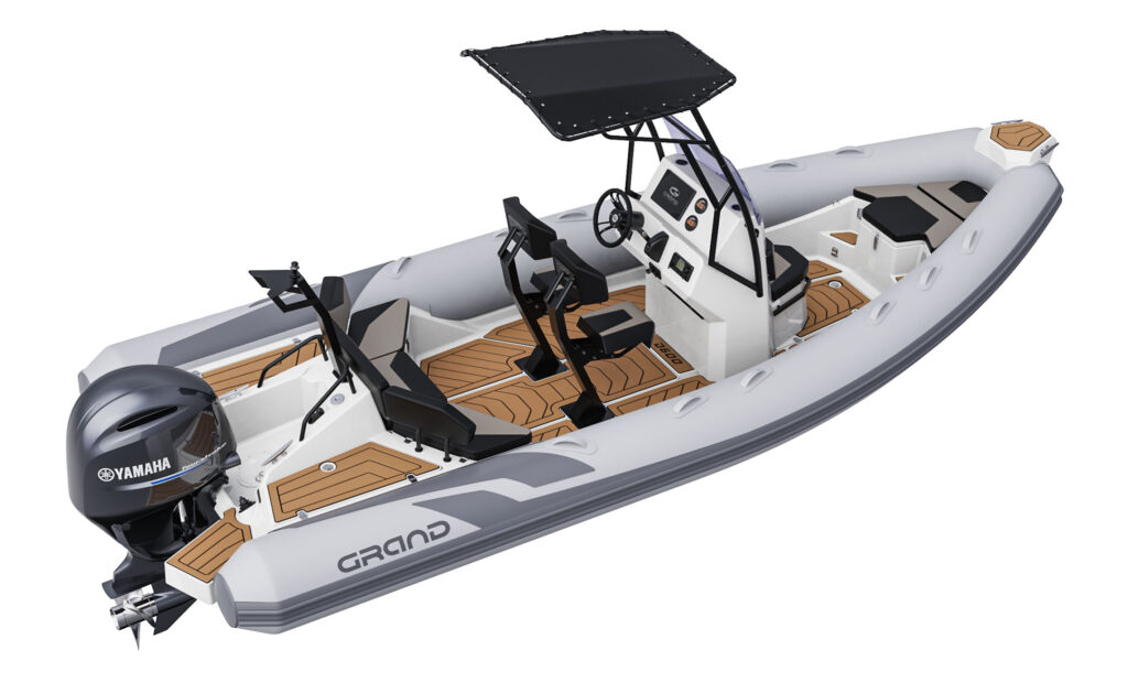 A render visual of the Grand D600 from a side angle, showing the interior layout of the boat, with seating, dashboard screen and Bimini top