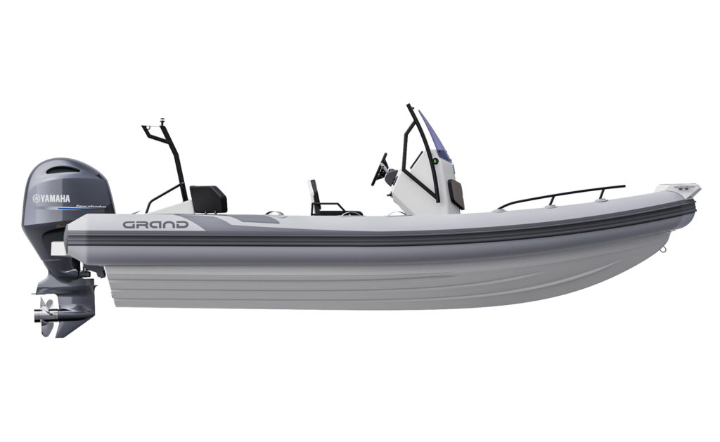 A render visual of the Grand D600 from the side, showing the v-shaped hull and Yamaha engine on the rear