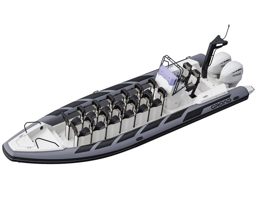 A render visual of the Grand D950 with twin HP Yamaha engines, a large ski tower at the rear and rows of jockey seats