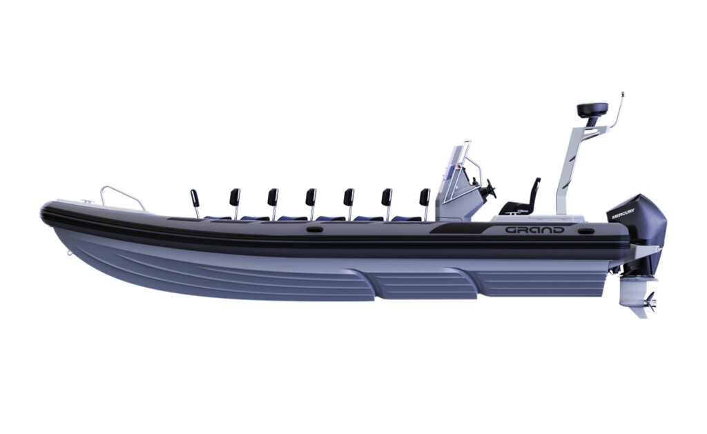 A render visual of the Grand D950 from the side, showing the two-step hull and raised tubes