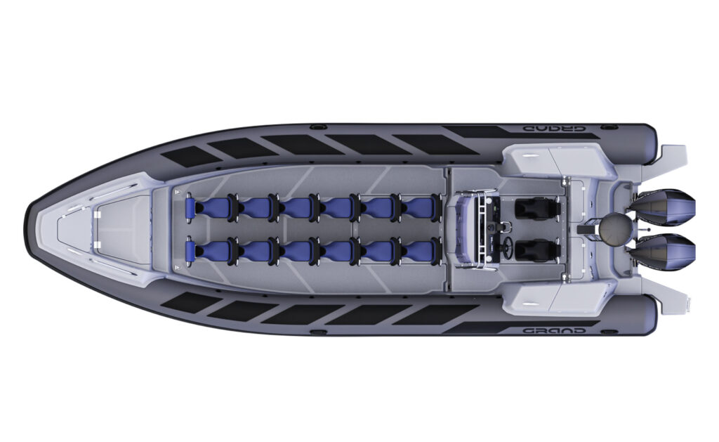 A render visual of the Grand D950 from above, showing the interior layout of the boat with two rows of jockey seats and centre console at the rear of the boat