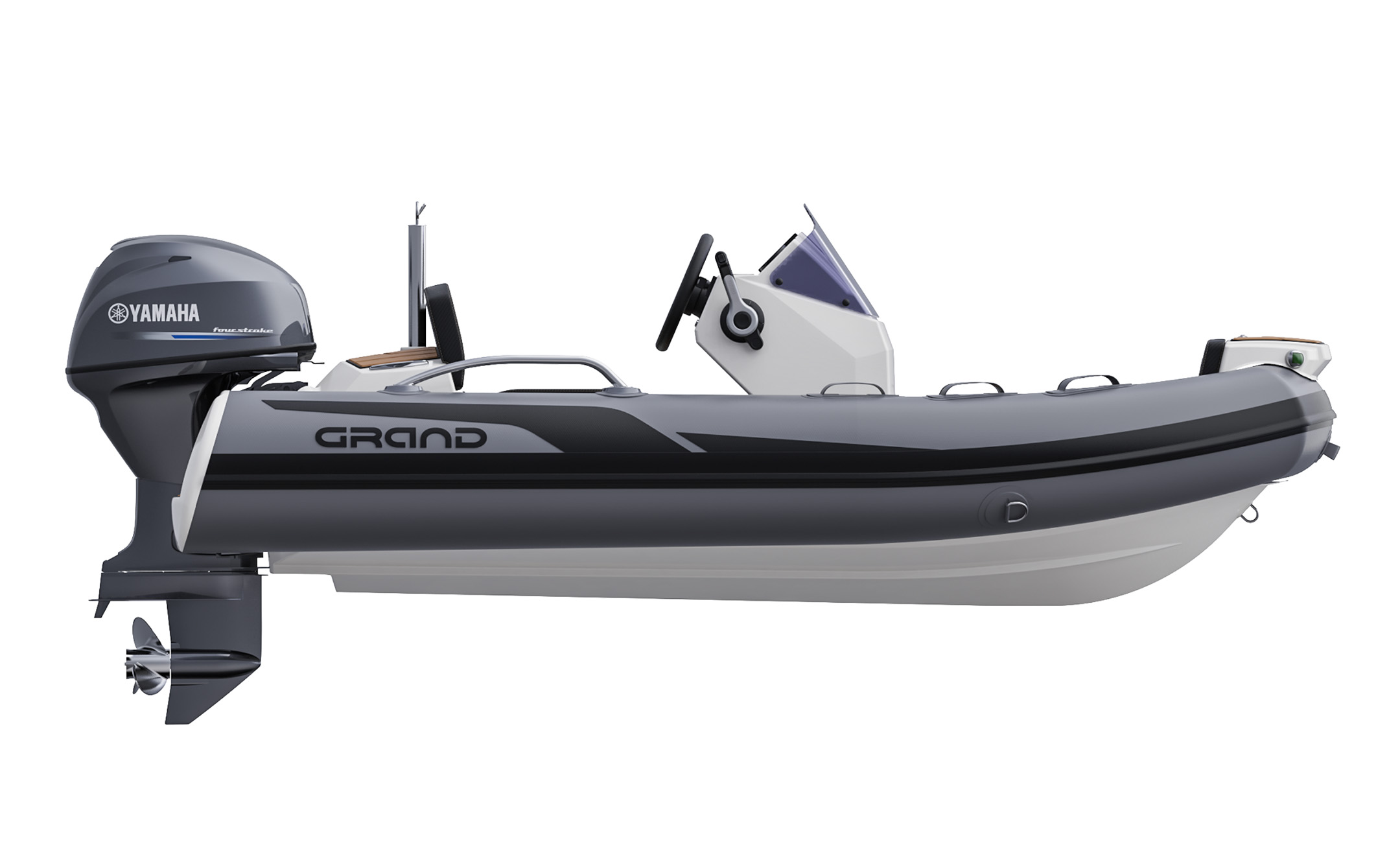 A render visual from the side of the Grand G340 with hull, dark grey tubes and Yamaha engine on the back