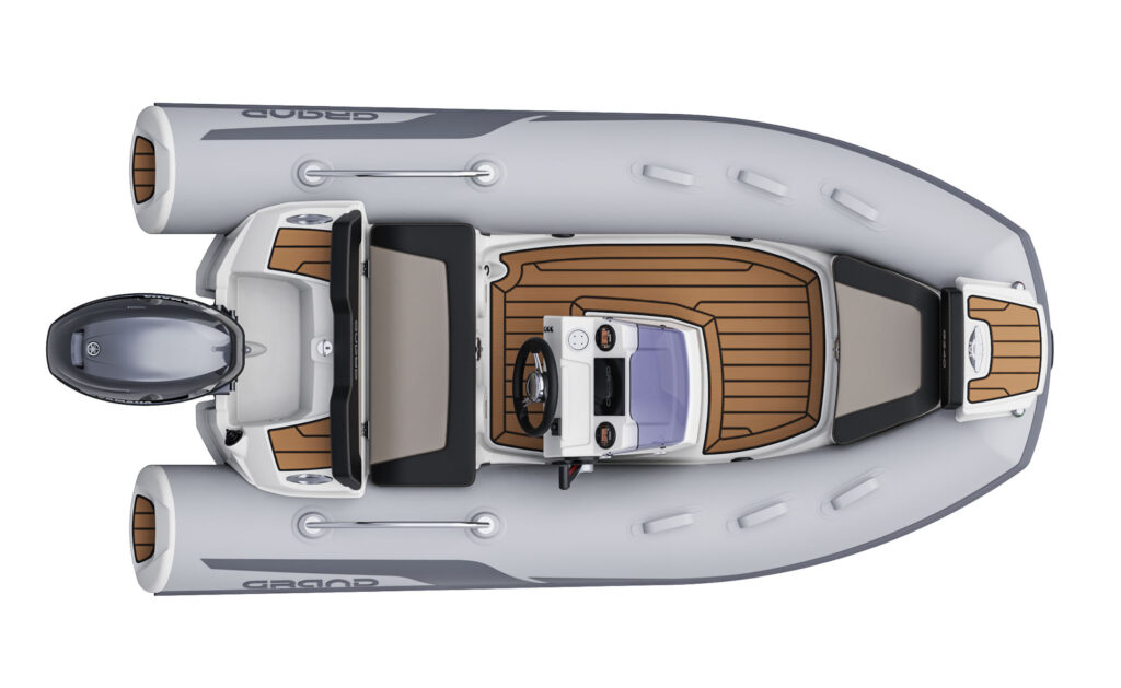 A render visual of the Grand G340 from above, showing the internal layout of the boat with grey tubes and tan brown flooring