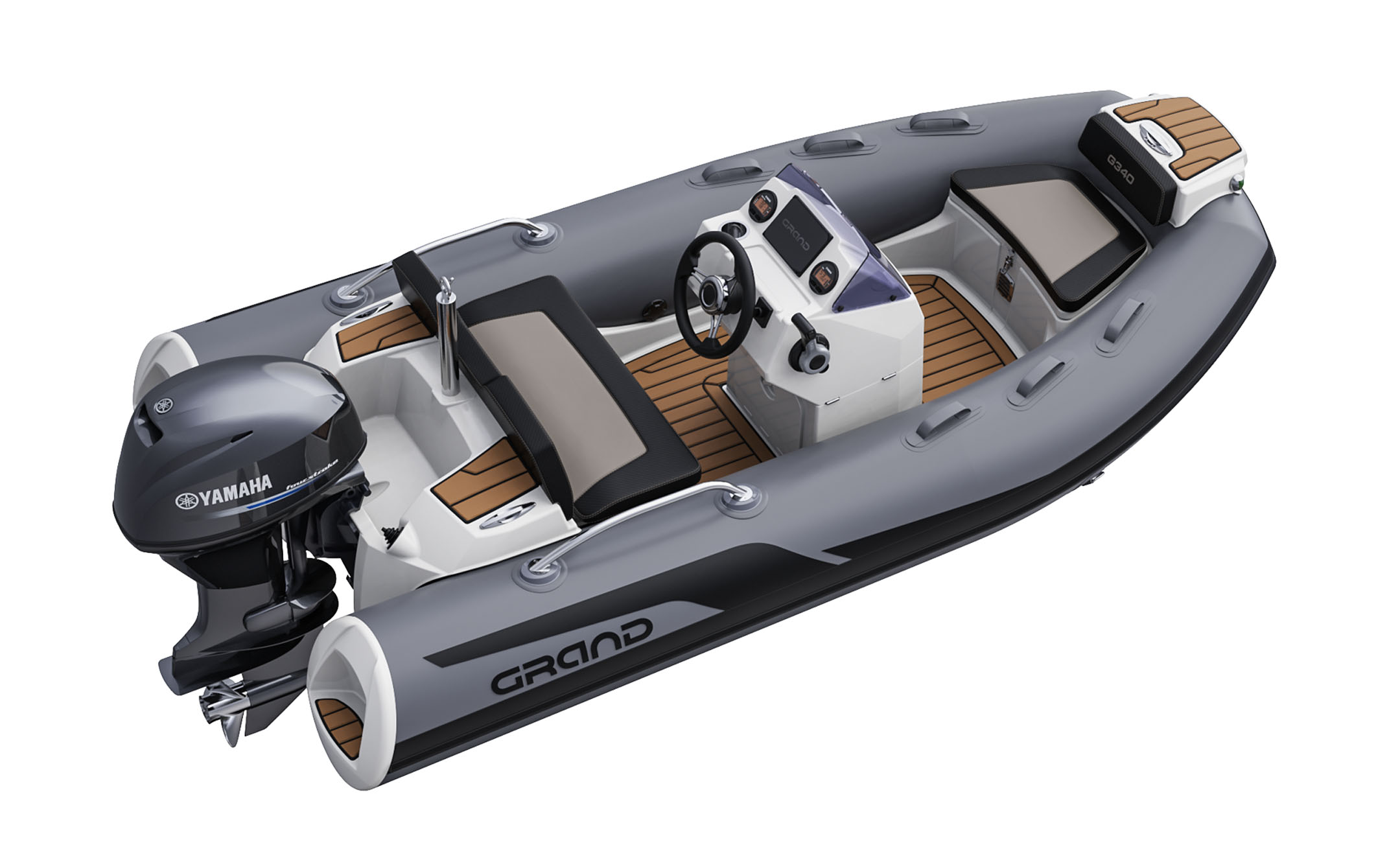 A render visual of the Grand G340 from a side angle, detailing the interior layout of the boat with flooring and seating