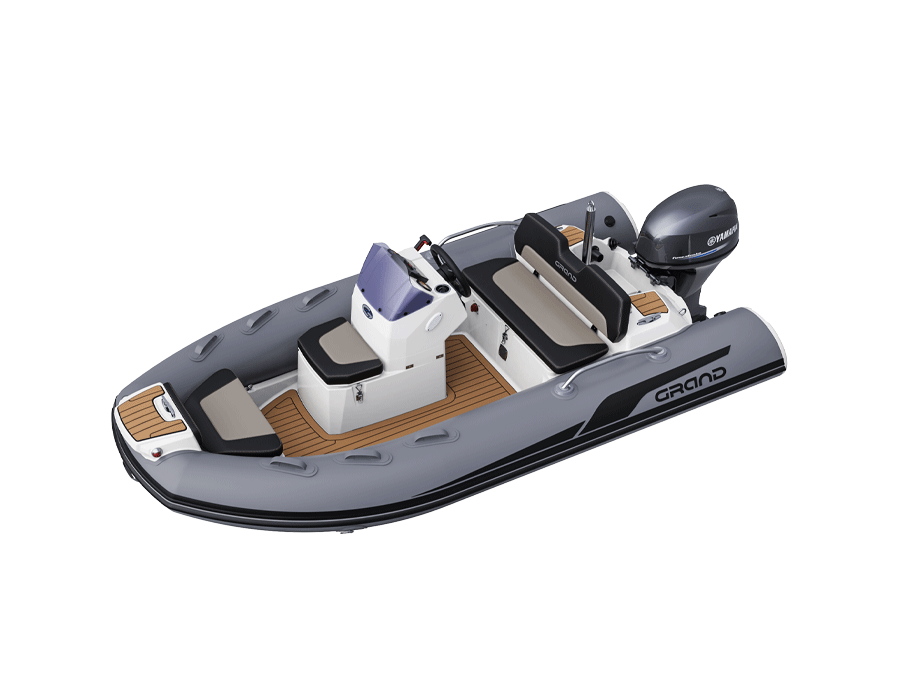 A render visual of the Grand G380 with tan sea deck flooring, dark grey tubes, a ski pole and Yamaha engine on the rear