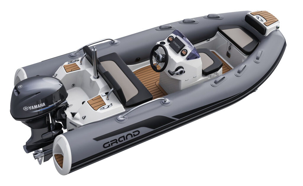 A render visual of the Grand G380 from the side, with grey tubes, tan coloured flooring, offset console and seating throughout the boat