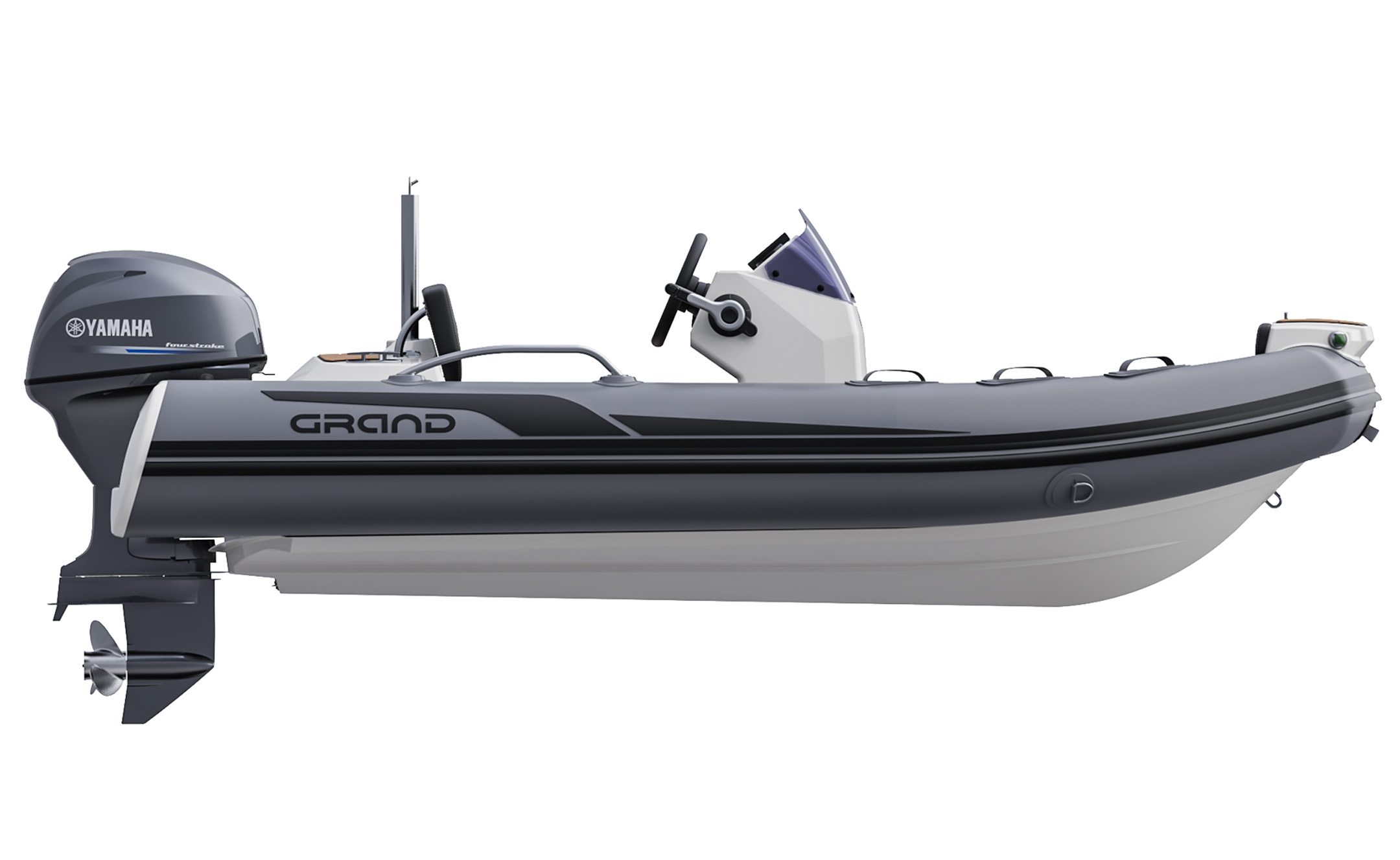 A render visual of the Grand G380 from the side, detailing the raised tubes and the fibreglass hull