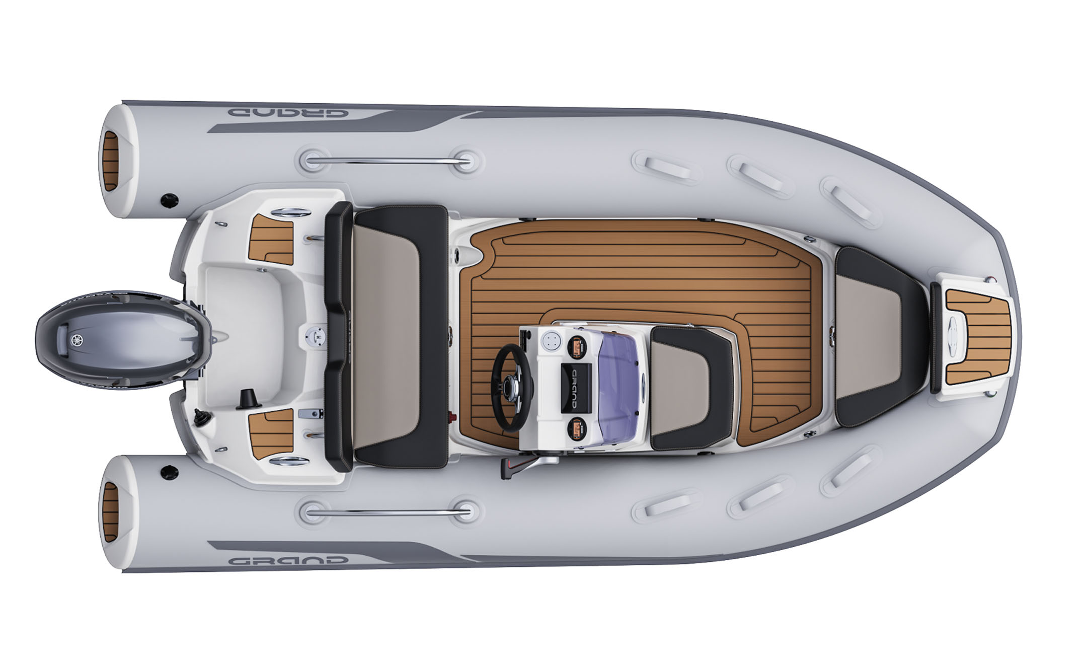 A render visual of the Grand D380 from above, showing the internal layout of the boat with grey tubes and tan brown flooring