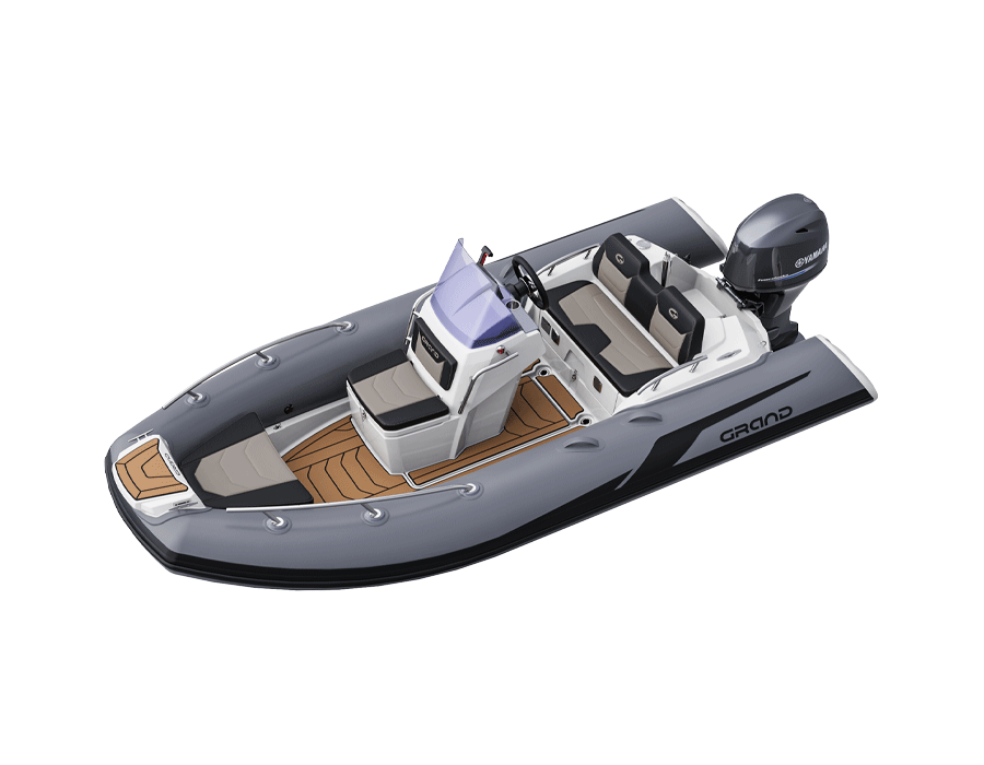 A render visual of the Grand G420 with wide helm seat behind the console, two seats at the bow, and grey hypalon tubes