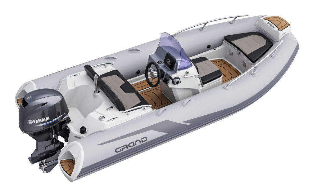 A render visual of the Grand G420 from a side angle, showcasing the interior layout of the boat with seating, console dashboard and tubes