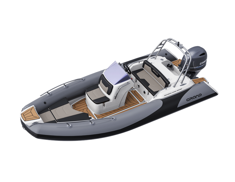 A render visual of the Grand G500 with dark grey tubes, tan Sea Deck flooring, a ski arch, seats at the bow and stern
