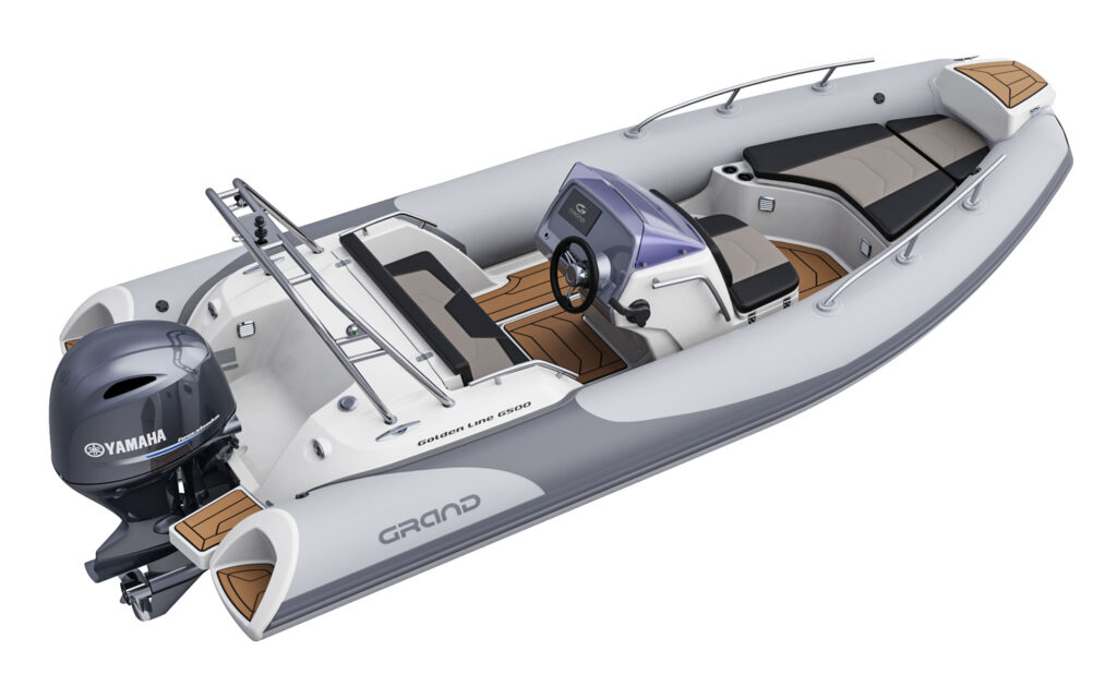 A render visual of the Grand G500 from the side, showing the internal layout of the boat with console and seating at the bow and stern