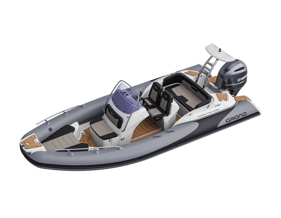 A render visual of the Grand G580 with a ski tower at the rear. The boat also has seating behind the console and at the rear, as well as sundeck at the bow