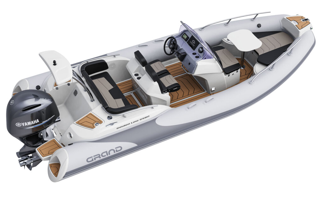 A render visual of the Grand G580 from the side, showing the internal layout of the RIB, with two rows of seat at the rear, centre console, table and seating area at the bow