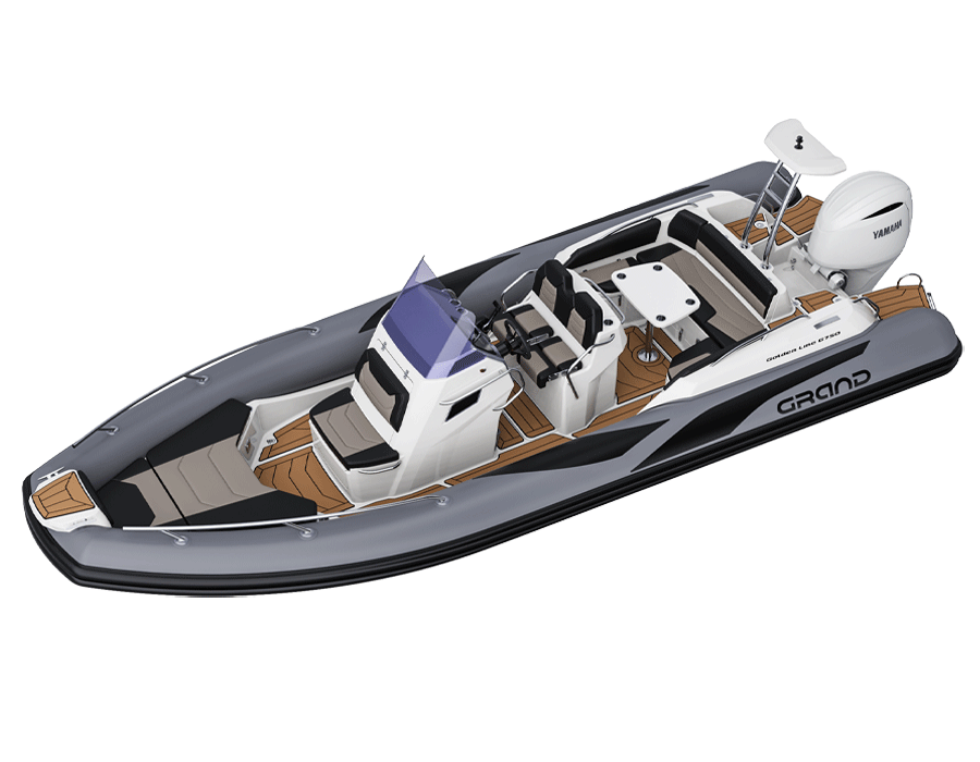A render visual of the Grand G680 with spacious U-shaped seating at the rear, tan Sea Deck flooring throughout the bow, grey hypalon tubes, and a Yamaha engine at the rear