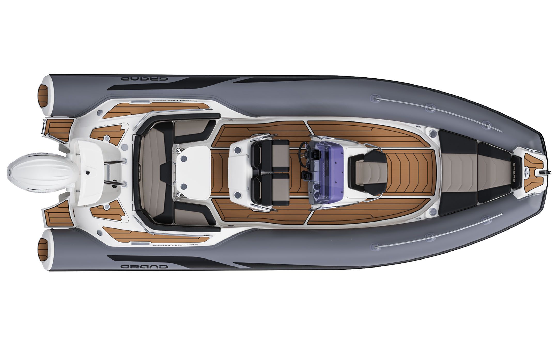 A render visual of the Grand G680 from above, showing the internal layout of the boat with grey tubes and tan brown flooring