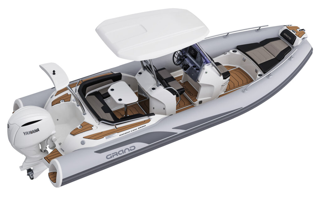 A render visual of the Grand G680 from a side angle, showing the internal layout of the RIB, with seating at the rear with a table, seating at the bow, and a hard-top bimini over the centre console