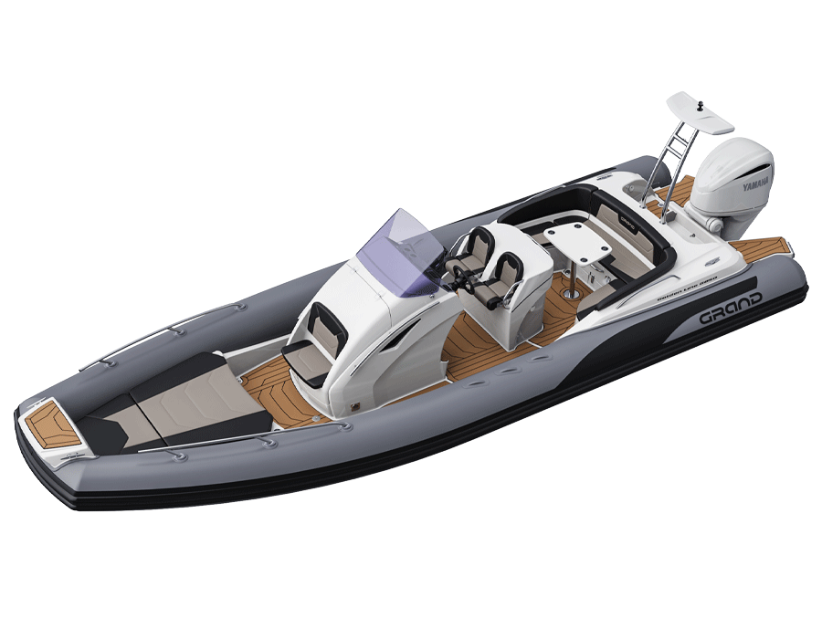 A render visual of the Grand G850 boat with grey hypalon tubes and tan coloured Sea Deck flooring, with a white Yamaha engine on the rear of the boat