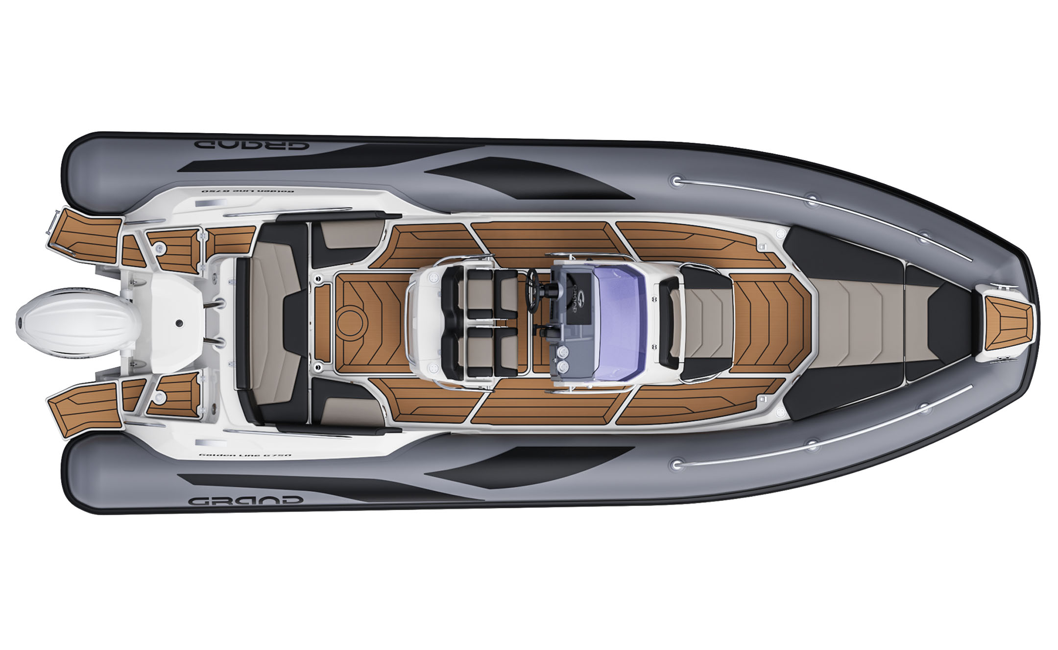 A render visual of the Grand G750 from above, showing the internal layout of the boat with grey tubes and tan brown flooring