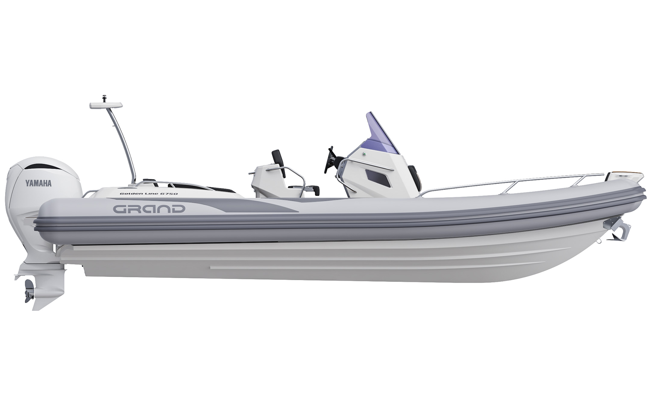 A render visual of the Grand G750 from the side, showing the v-shaped fibreglass hull, light grey tubes and ski tower