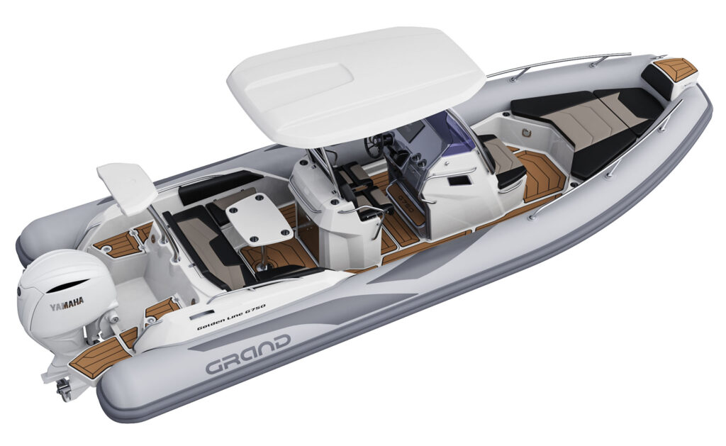 A render visual of the Grand G750 from a side angle, showing the seating area and table at the rear of the boat, seating at the bow, hard-top bimini cover above the centre console dashboard