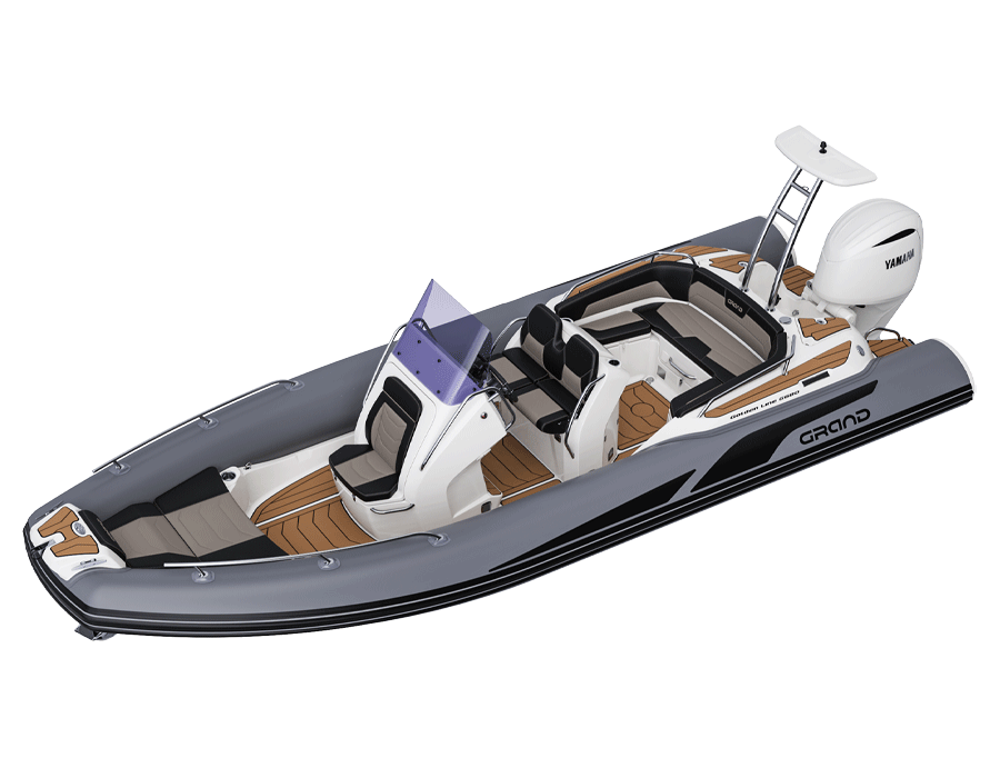 A render visual of the Grand G750 in grey hypalon tubes and tan Sea Deck flooring throughout the boat