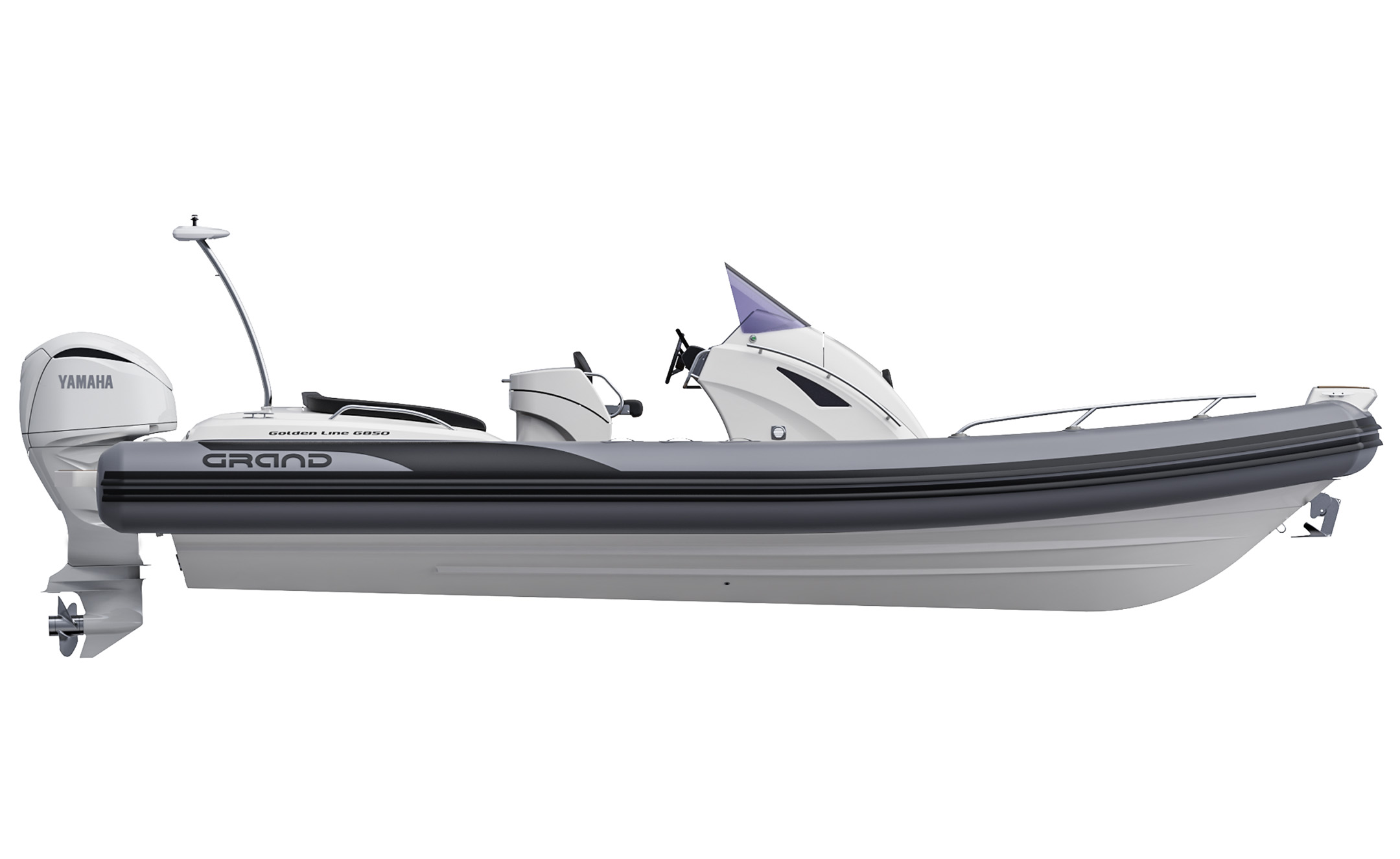 A render visual of the Grand G850 from the side, showing the v-shaped fibreglass hull, dark grey tubes and ski tower