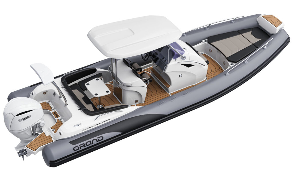 A render visual of the Grand G850 from a side angle, showing the seating area and table at the rear of the boat, seating at the bow, hard-top bimini cover above the centre console dashboard