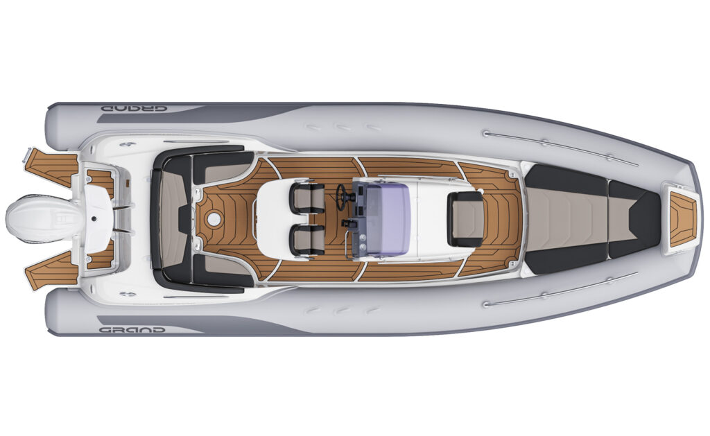 A render visual of the Grand G850 from above, showing the internal layout of the boat with grey tubes and tan brown flooring