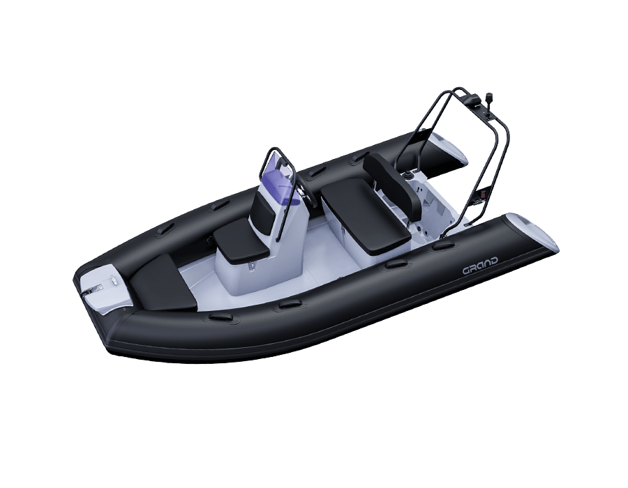 A render visual of the Grand S370 with black hypalon tubes, a ski arch at the rear, and offset console