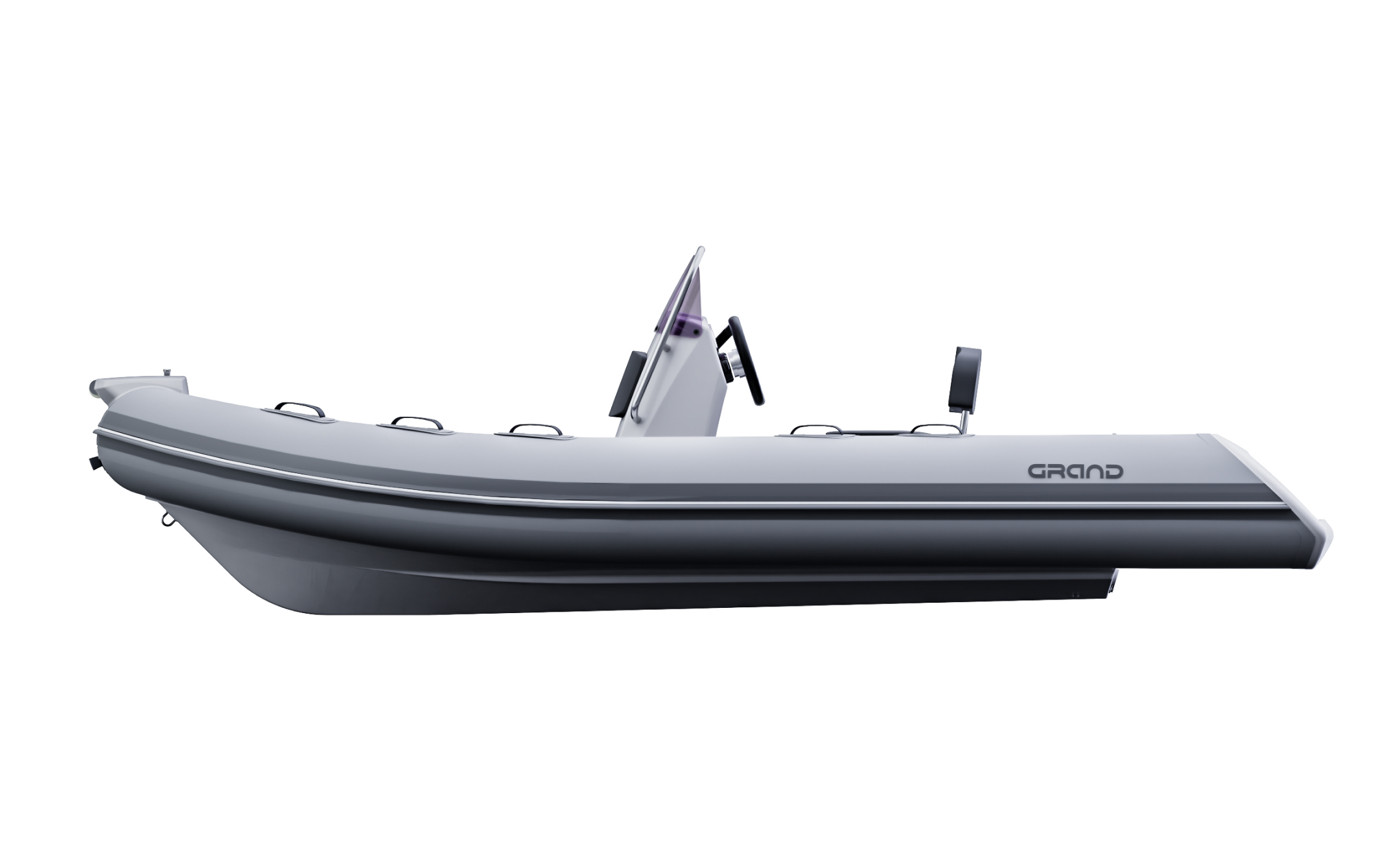 A render visual of the Grand S420 from the side, detailing the v-shaped hull and tube layout