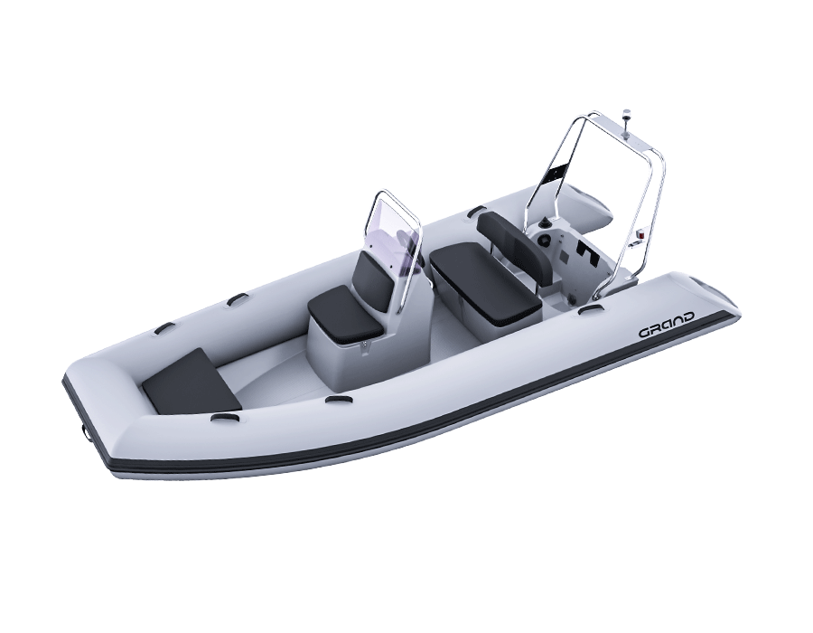 A render visual of the Grand S470 with light grey tubes, wide helm seat at the rear and an offset console with a ski arch at the rear