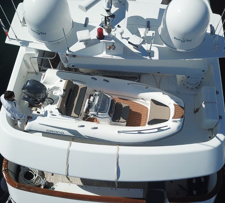 An overhead shot of the Grand G420 in white sat on a super yacht