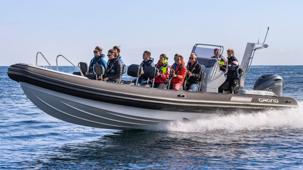 A Grand D950 - one of Grand's commercial boats. Serving as a commercial fishing boat or inflatable charter boat, with 12 passengers on board.