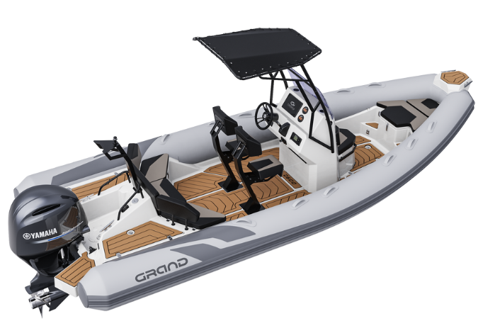 A render visual of the Grand D600 from a side angle, showing the interior layout of the boat, with seating, dashboard screen and Bimini top