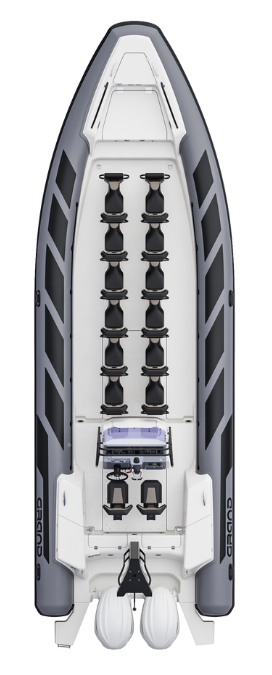 A render visual of the Grand D950 from above, showing the interior layout of the boat with two rows of jockey seats and centre console at the rear of the boat