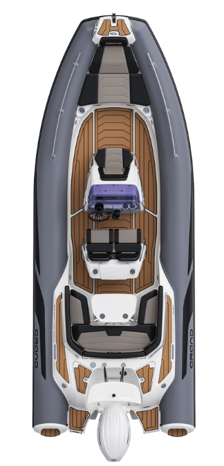 A render visual of the Grand G680 from above, showing the internal layout of the boat with grey tubes and tan brown flooring