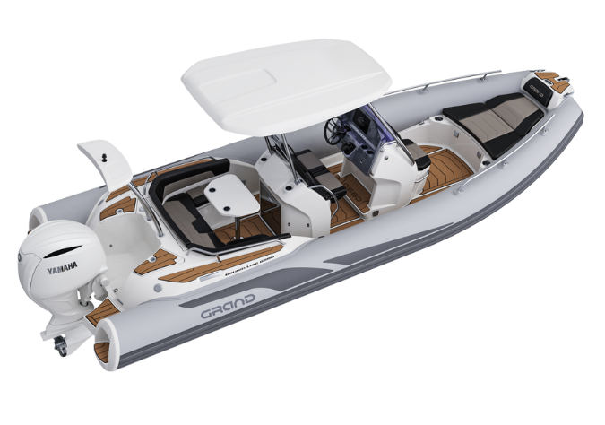 A render visual of the Grand G680 from a side angle, showing the internal layout of the RIB, with seating at the rear with a table, seating at the bow, and a hard-top bimini over the centre console