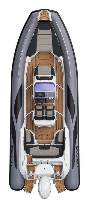 A render visual of the Grand G750 from above, showing the internal layout of the boat with grey tubes and tan brown flooring