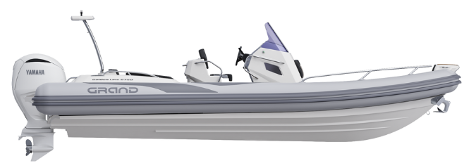 A render visual of the Grand G750 from the side, showing the v-shaped fibreglass hull, light grey tubes and ski tower