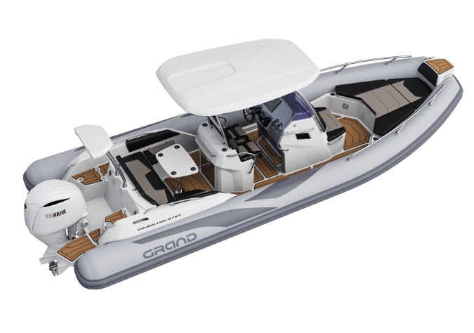 A render visual of the Grand G750 from a side angle, showing the seating area and table at the rear of the boat, seating at the bow, hard-top bimini cover above the centre console dashboard