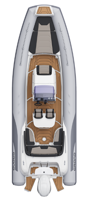 A render visual of the Grand G850 from above, showing the internal layout of the boat with grey tubes and tan brown flooring