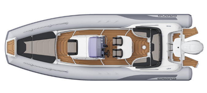 A render visual of the Grand G850 from above, showing the internal layout of the boat with grey tubes and tan brown flooring