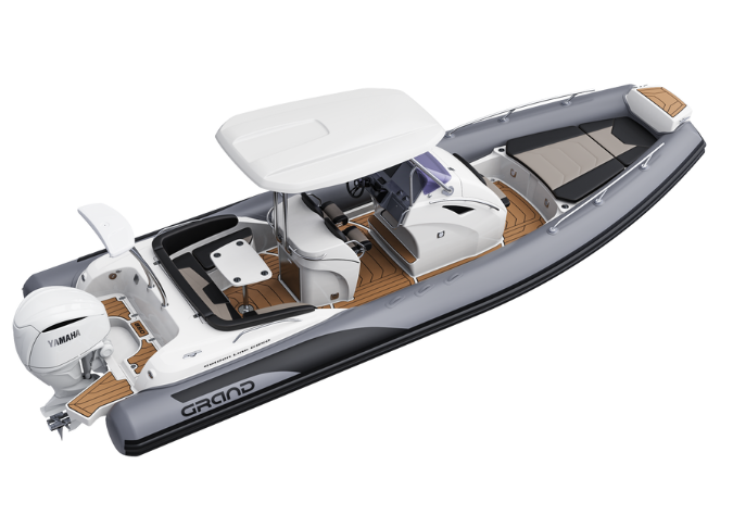 A render visual of the Grand G850 from a side angle, showing the seating area and table at the rear of the boat, seating at the bow, hard-top bimini cover above the centre console dashboard