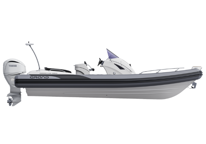 A render visual of the Grand G850 from the side, showing the v-shaped fibreglass hull, dark grey tubes and ski tower