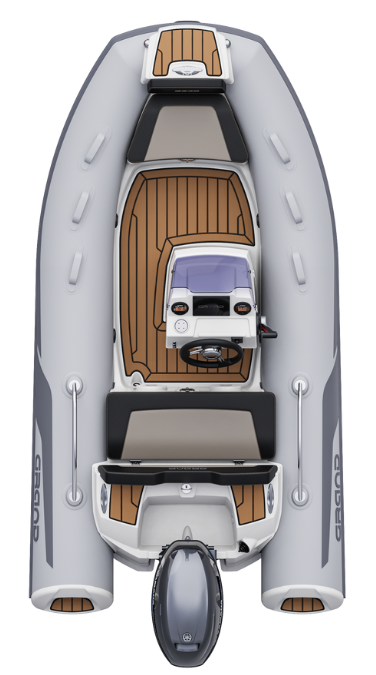 A render visual of the Grand G340 from above, showing the internal layout of the boat with grey tubes and tan brown flooring